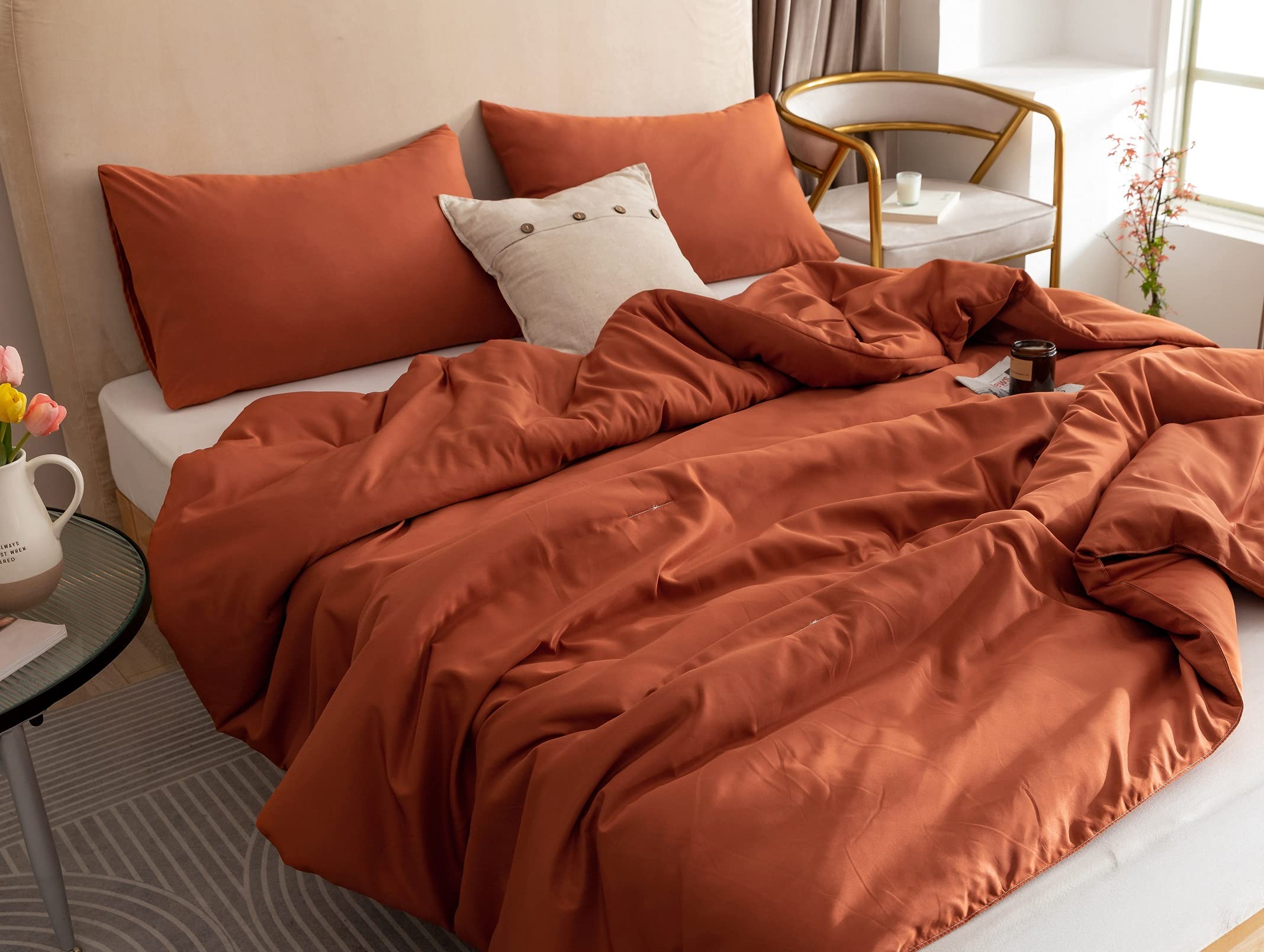 Rosgonia Terracotta Comforter Set Queen- 3Pcs (1 Comforter & 2 Pillowcases) Rust Queen Comforter Set For Women And Men- Reversib